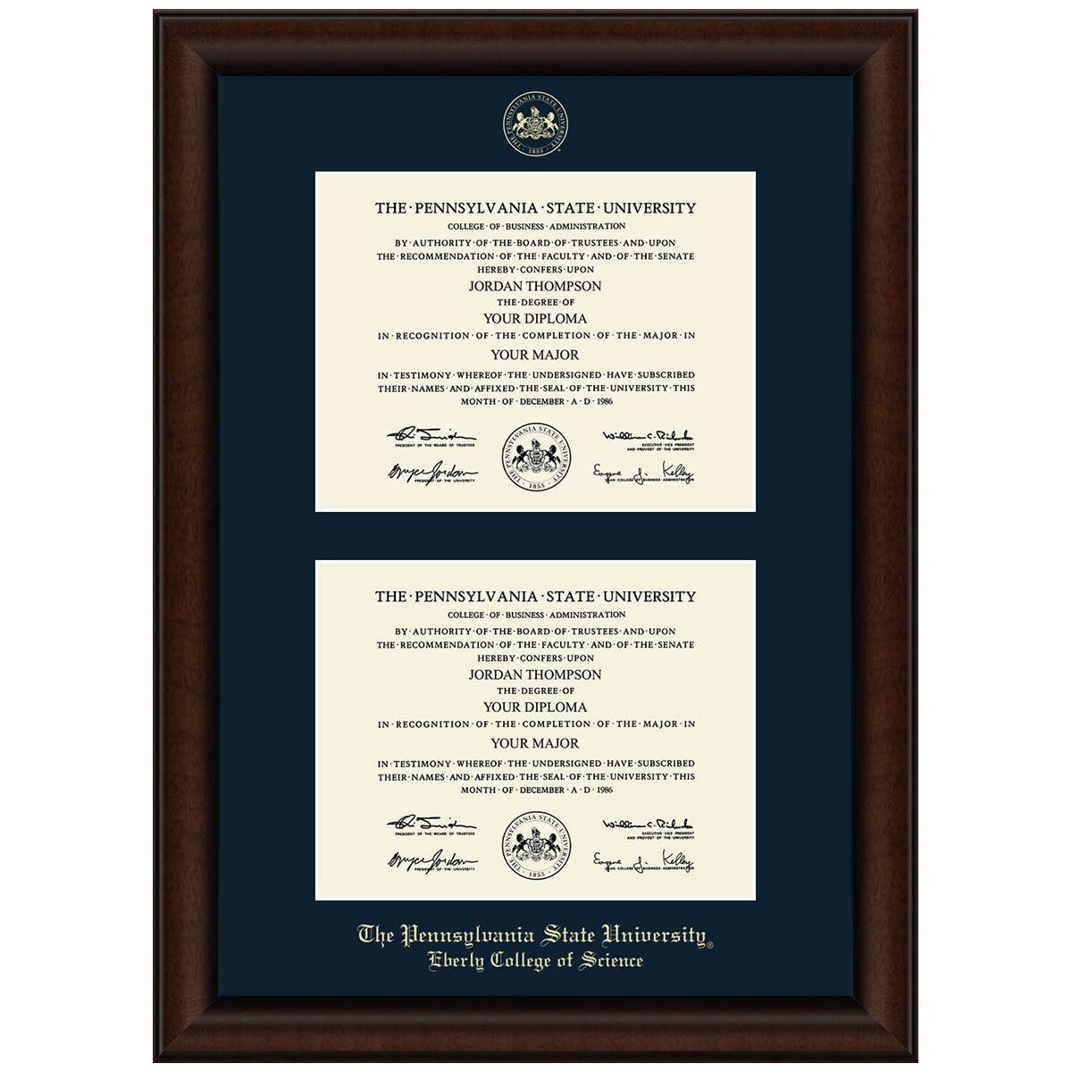 #106 Penn State Eberly College of Science double diploma frame Lenox (Walnut)